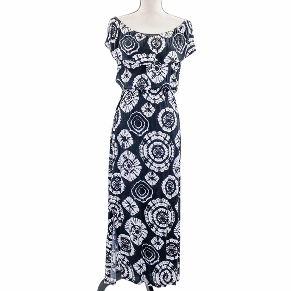 Glamour Dresses & Skirts - GLAMOUR Black & White Shibori Tie Dye Ruffled Off-The-Shoulder Maxi Dress